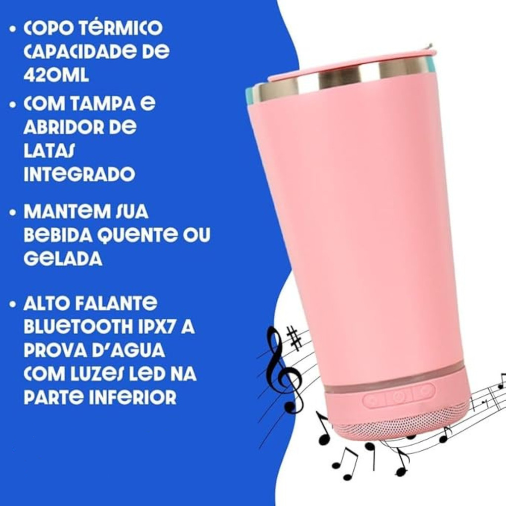 Normal Bluetooth - Copo Térmico Som Led e TAMPA com ABRIDOR (420 ml) - Branco