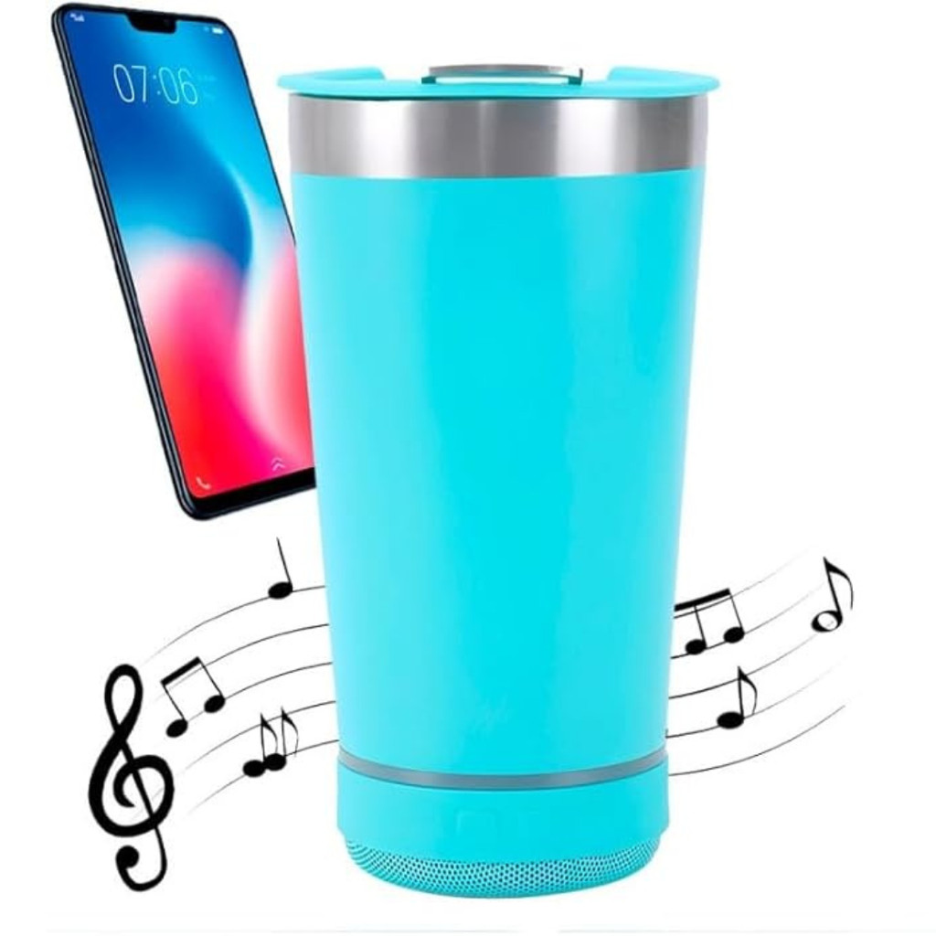 Normal Bluetooth - Copo Térmico Som Led e TAMPA com ABRIDOR (420 ml) - Azul Claro
