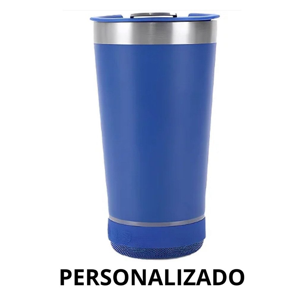 Personalizado Bluetooth - Copo Térmico Som Led e TAMPA com ABRIDOR (420 ml) - Azul Royal