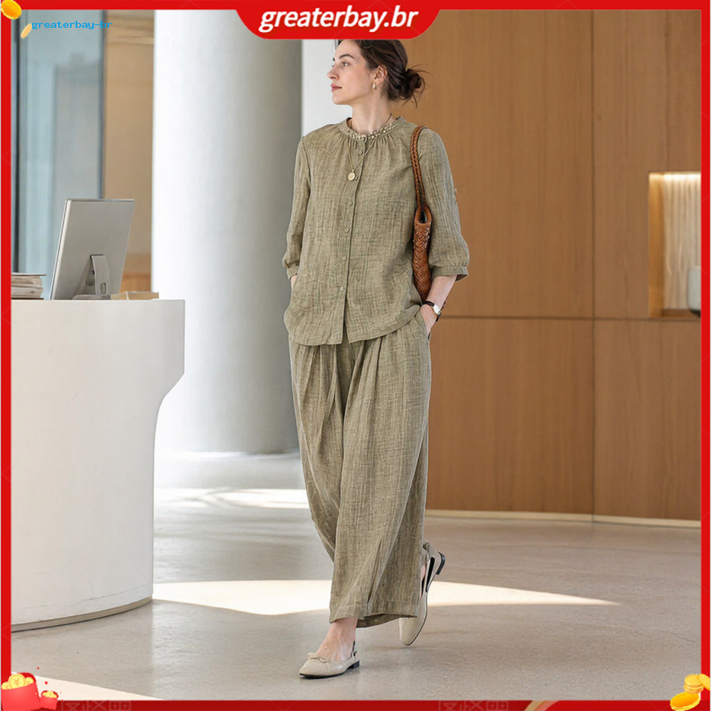 Women’s 2-piece Cotton Linen Set – Button-down Short Sleeve Top Wide Leg Pants Casual Loose Lounge Outfit Breathable