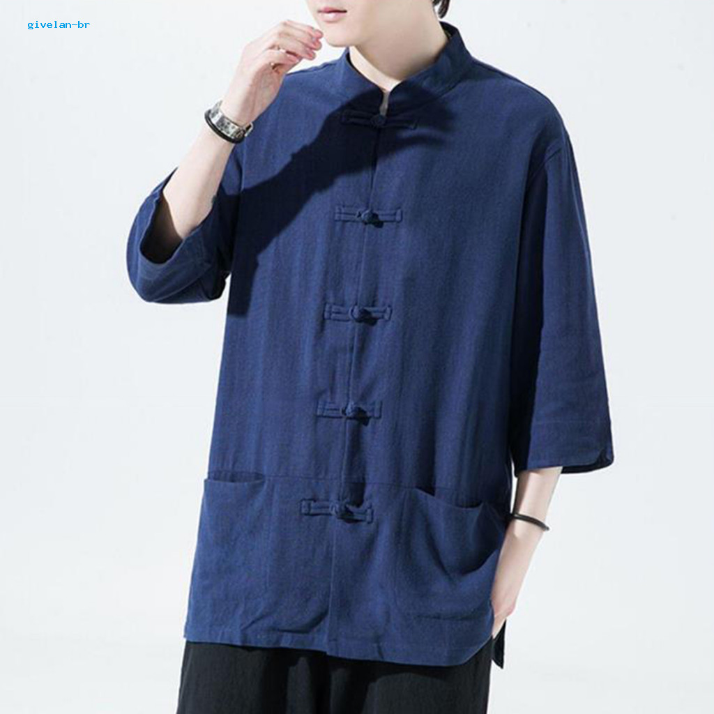 Versatile Men Shirt for Suit Pants Men's Chinese Style Loose Retro Button-down with Pockets Breathable Cotton Linen Summ