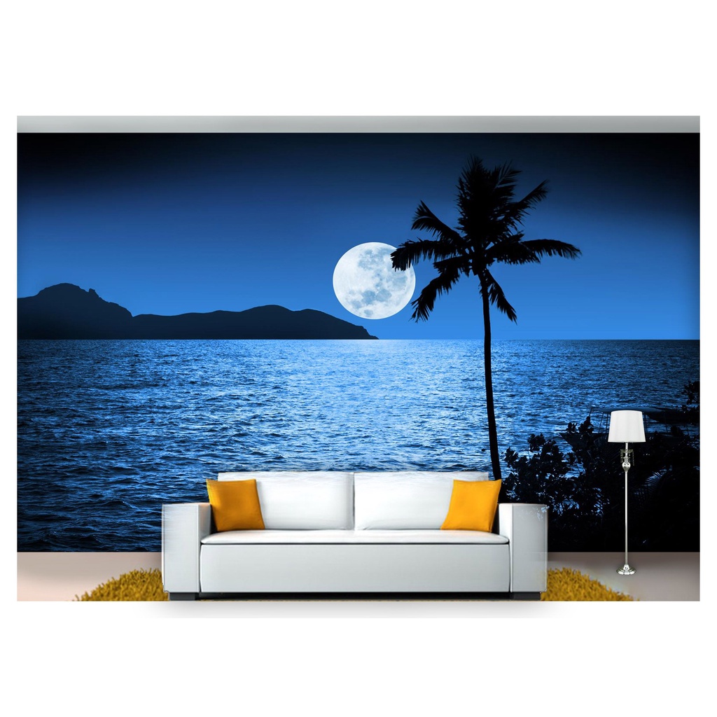 papel de parede Lua Noite Praia coqueiro 3D m² LUA18