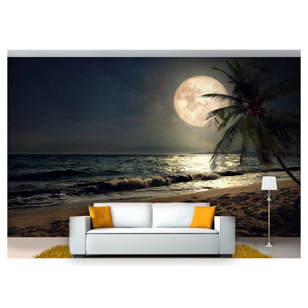 papel de parede Lua Noite Praia coqueiro 3D 7,5m² LUA34