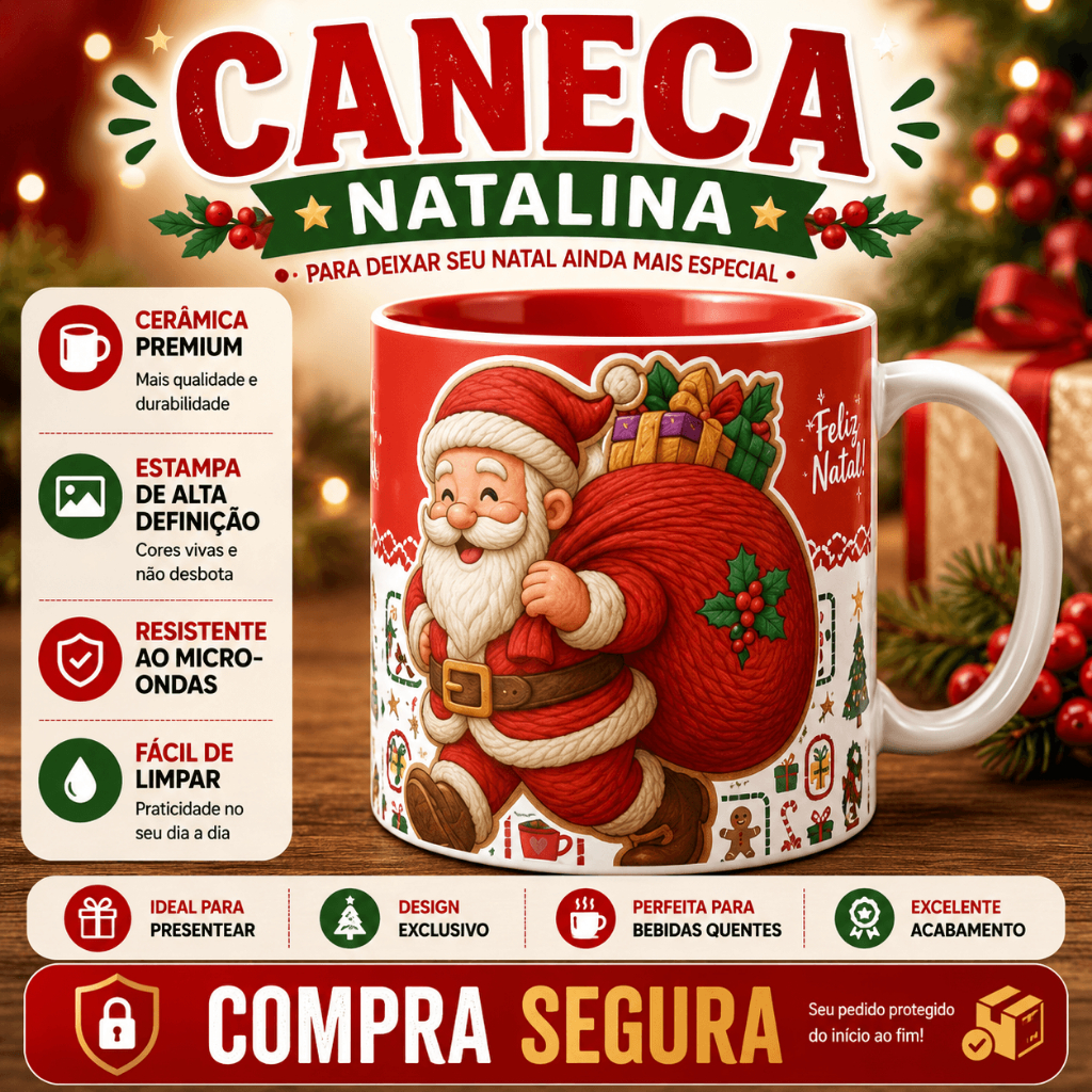 Caneca Natalina 3D Tricô | Presente Natal Merry Christmas Café Chá Cerâmica 325ml Café e Chá