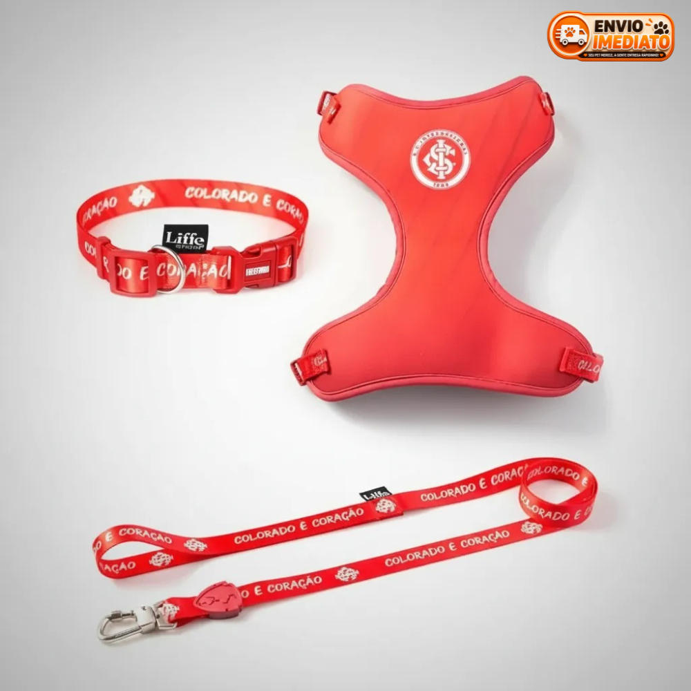 Kit Peitoral + Coleira + Guia Sport Club Internacional FreeFaro para Cães M