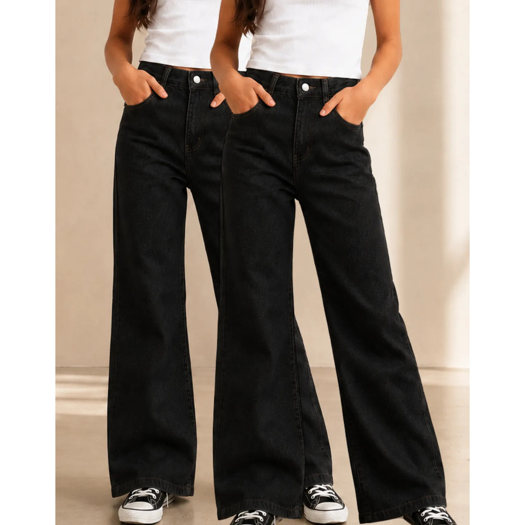 Kit 2 Calças Wide Leg Jeans Juvenil Menina Lycra Pantalona Cintura Alta Tam 10 ao 16
