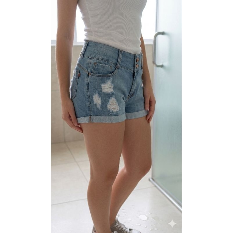 BRECHO Short Jeans Feminino Destroyed - Sem Lycra - Tam 46 (Forma Pequena