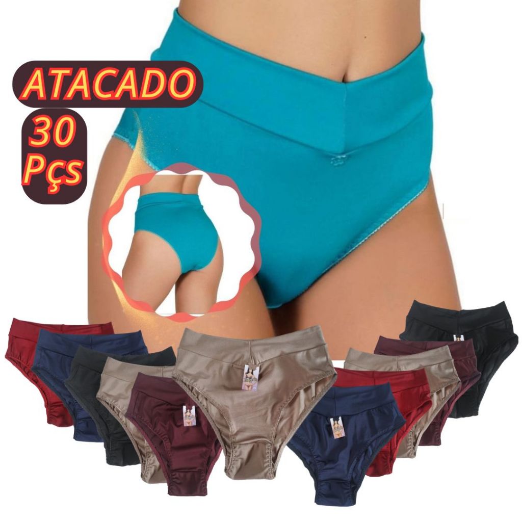 Kit Atacado 30 Calcinhas Plus Size Calçola Cós Alto Cintura Alta Em Lycra 50, 52, 54 Tam. Especial
