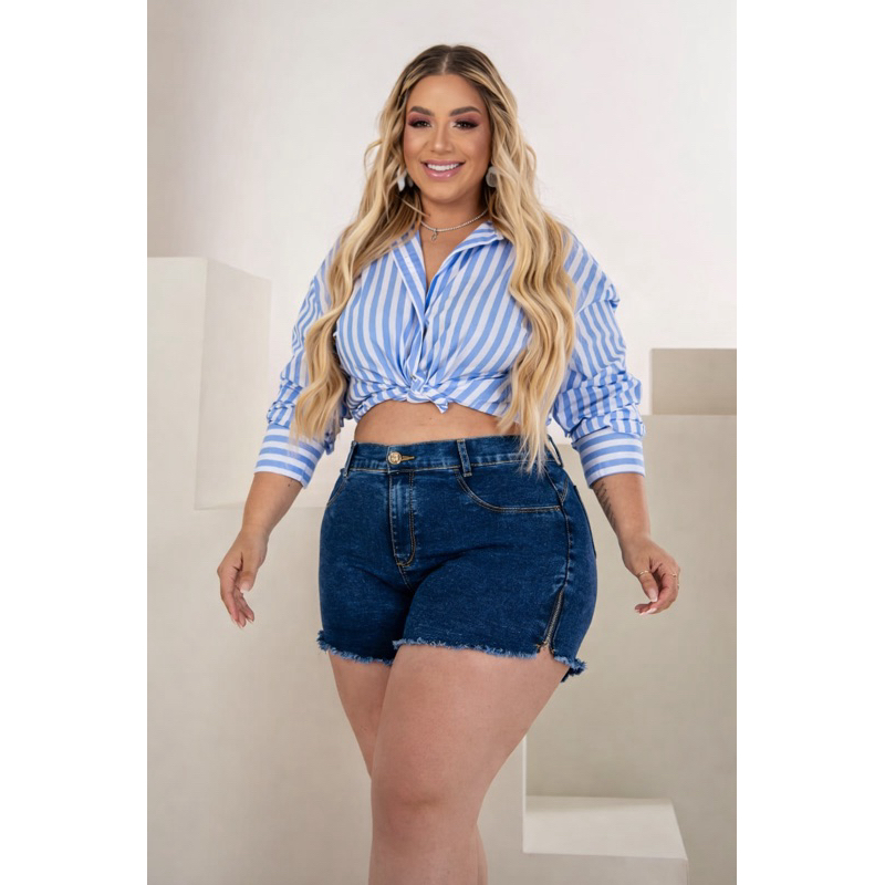 Short Jeans Plus Size Marmorizado com Lycra | Cintura Confortável | Zíper | Tam 48 50 52 54 56