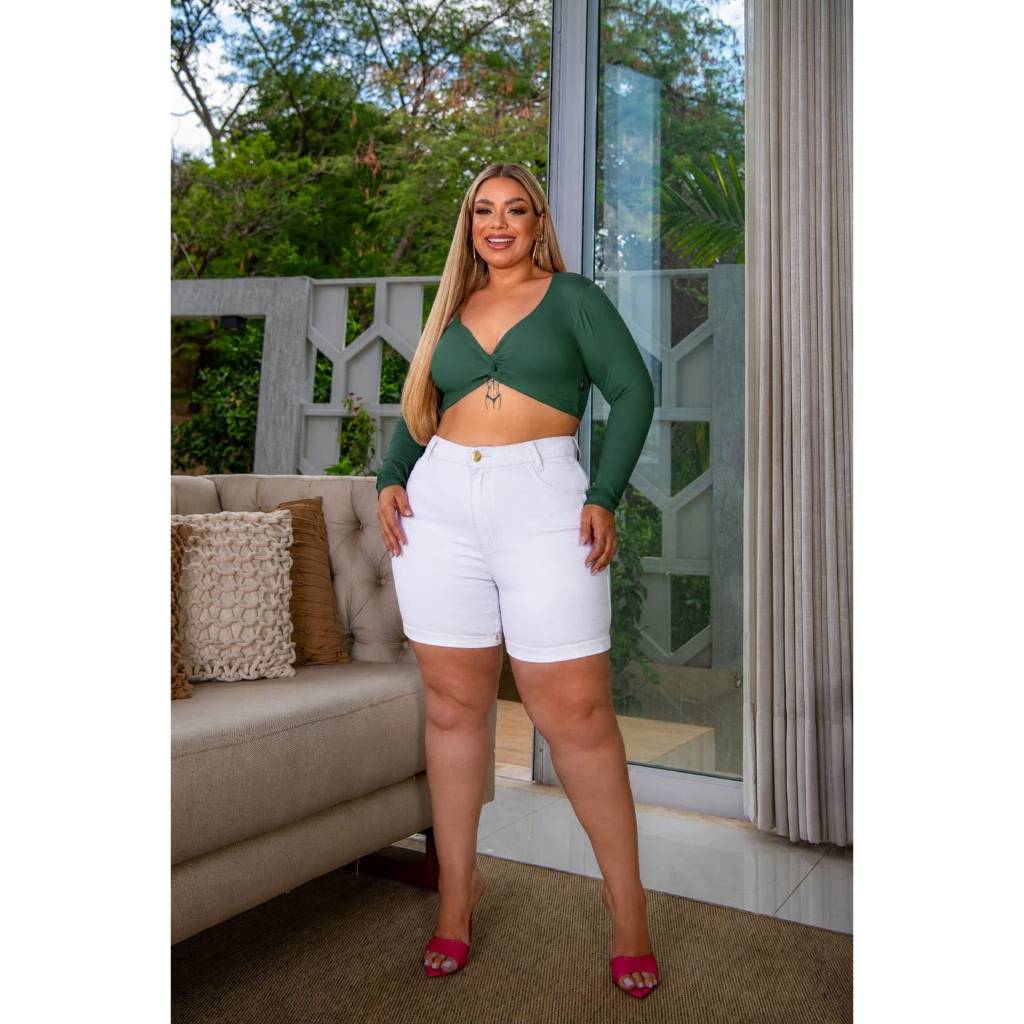 Shorts Plus Size Branco com Lycra Feminino Cintura Alta Tam 48 ao 56 Confortável