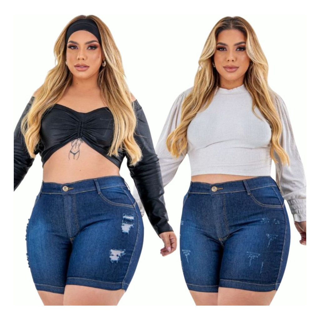Kit 2 shorts Feminino Plus Size Meia Coxa Jeans com Lycra