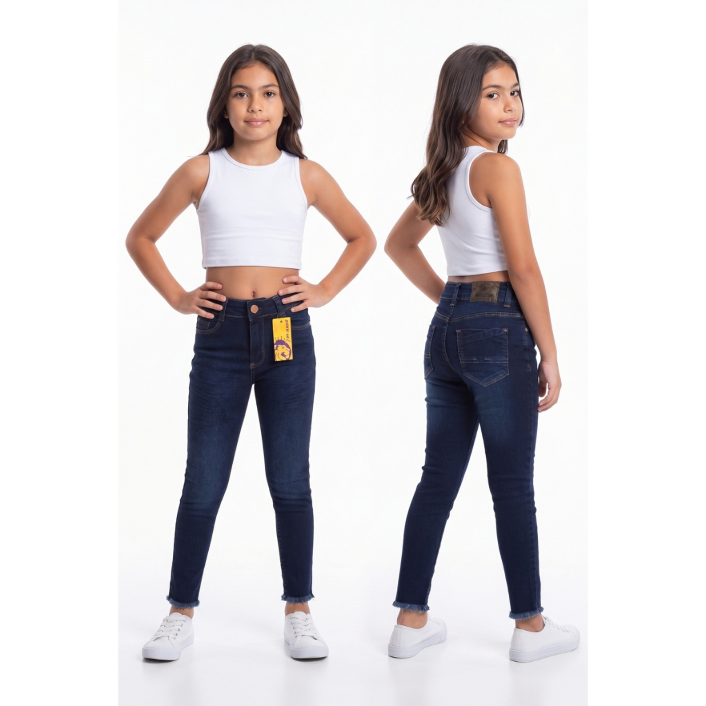 Calça Jeans Infantil Juvenil Feminina Flare Criança Boca de Sino Azul Escuro Estonada Cintura media com Bolsos.