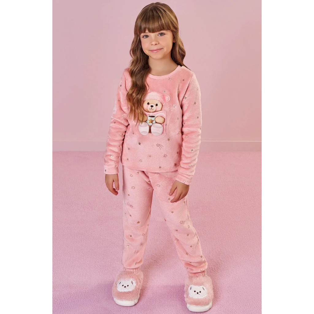 CONJUNTO DE PIJAMA DE BLUSÃO E CALÇA EM PELO FOIL INFANTI INFANTIL MENINA CARNEIRINHO ROSA