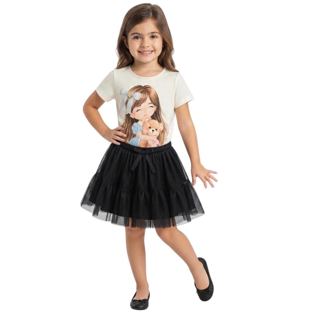 Conjunto infantil e Juvenil Blusa Estampa + Saia Tule Shorts Embutido Menina Infanti