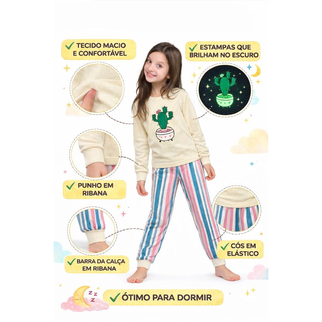 Pijama Infanti de Menina que Brilha no Escuro Inverno – Tchu Tchu Kids Tamanho 1 ao 8 anos