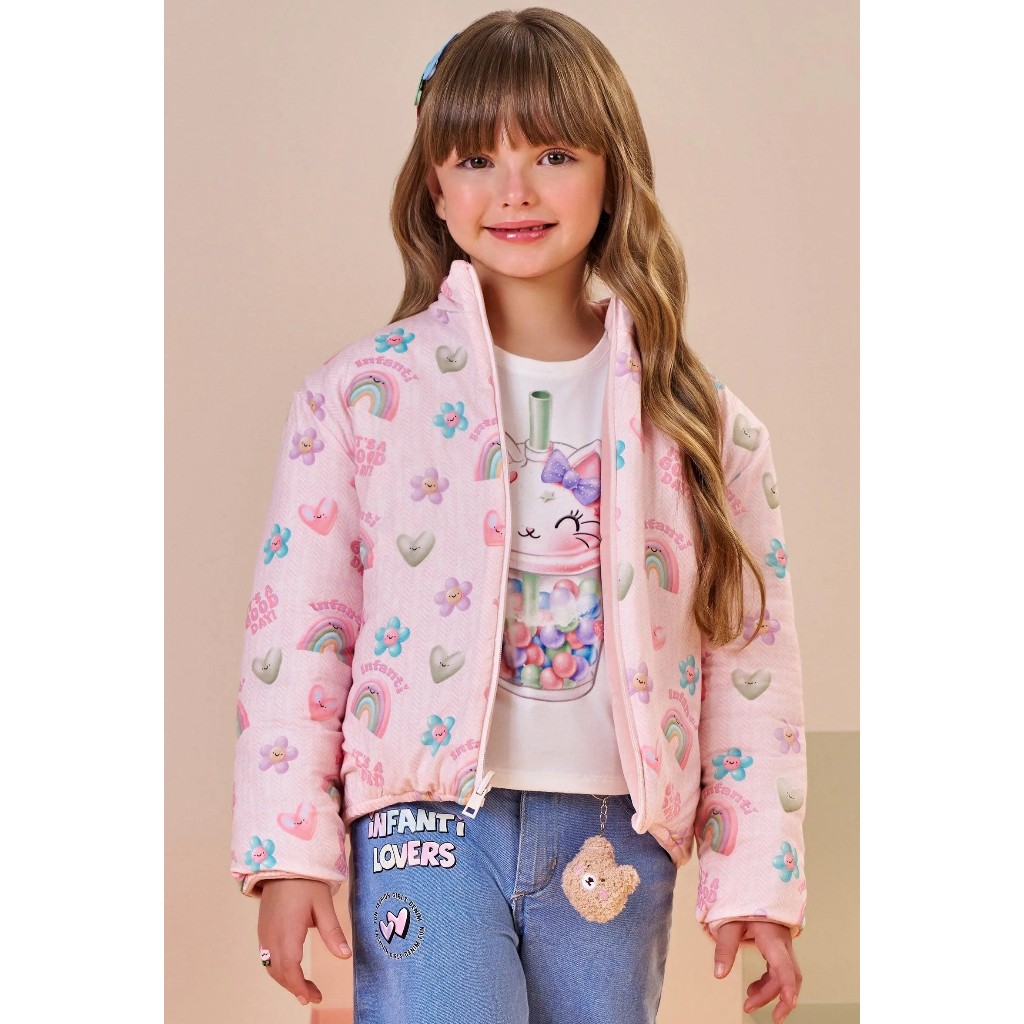 Jaqueta Puffer Reversível em Veludo com Elastano e Malha Comfy Infanti