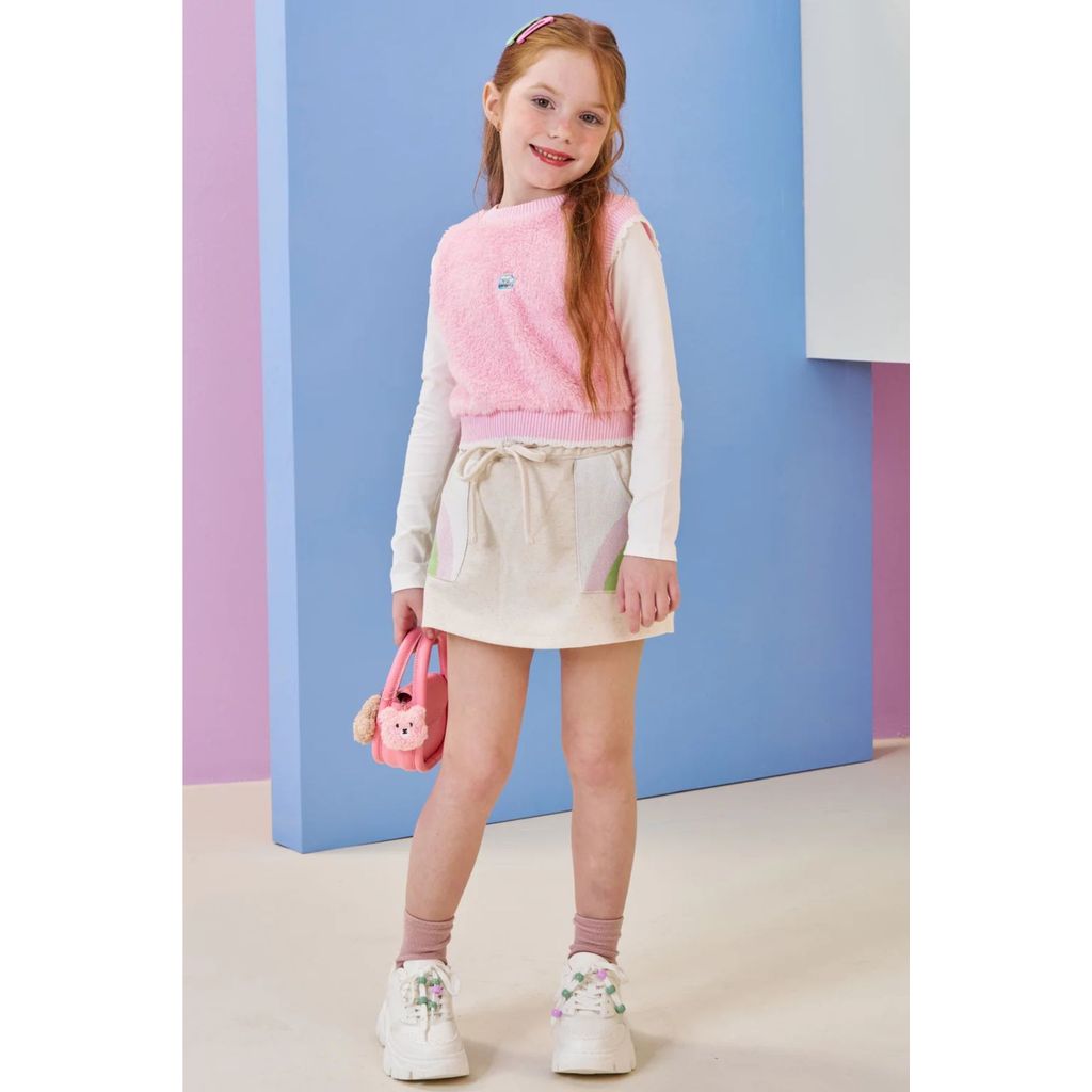 Conjunto Trio Menina Blusa Colete Pelo e Short Infanti