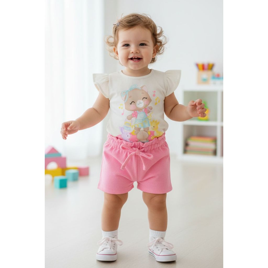Conjunto Menina Blusa Estampa Bichos e Short Moletom Infanti