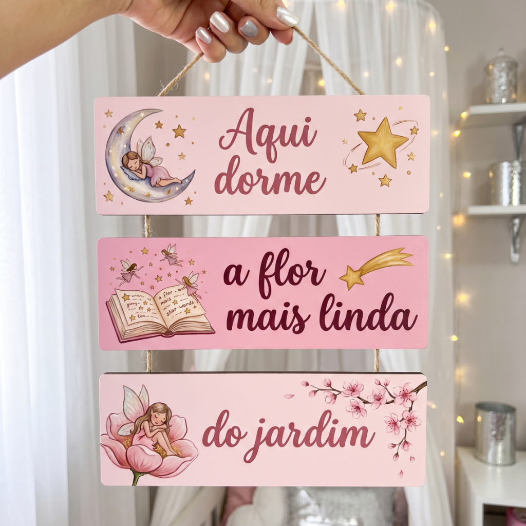 Plaquinha Decorativa Quarto Menina Aqui Dorme A Flor Mais Linda Do Jardim Estrela Fada Rosa Flores