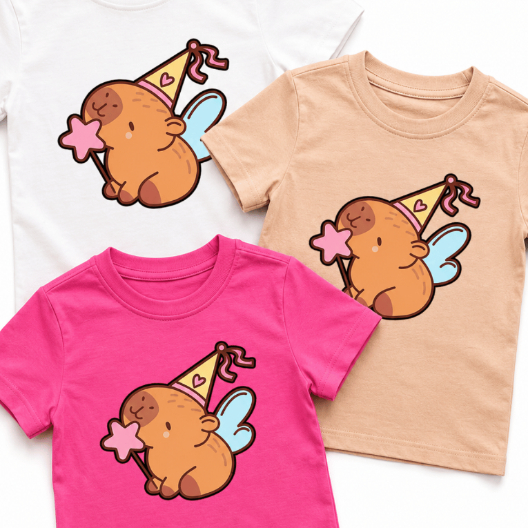 Camiseta infantil Capivara Fada Menina 100% Algodão Manga Curta Cores Estampa Mais Procurada