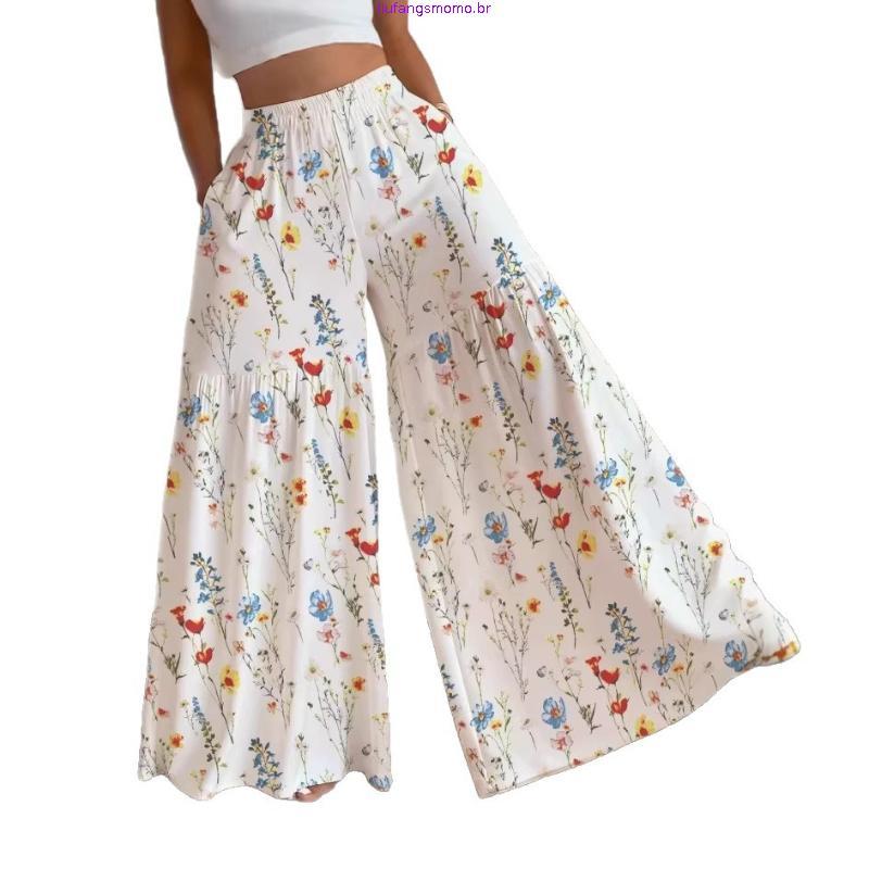 Calças florais estilo fada femininas cintura alta solta fina perna larga elegante mais magro olhar All-Match em linha re