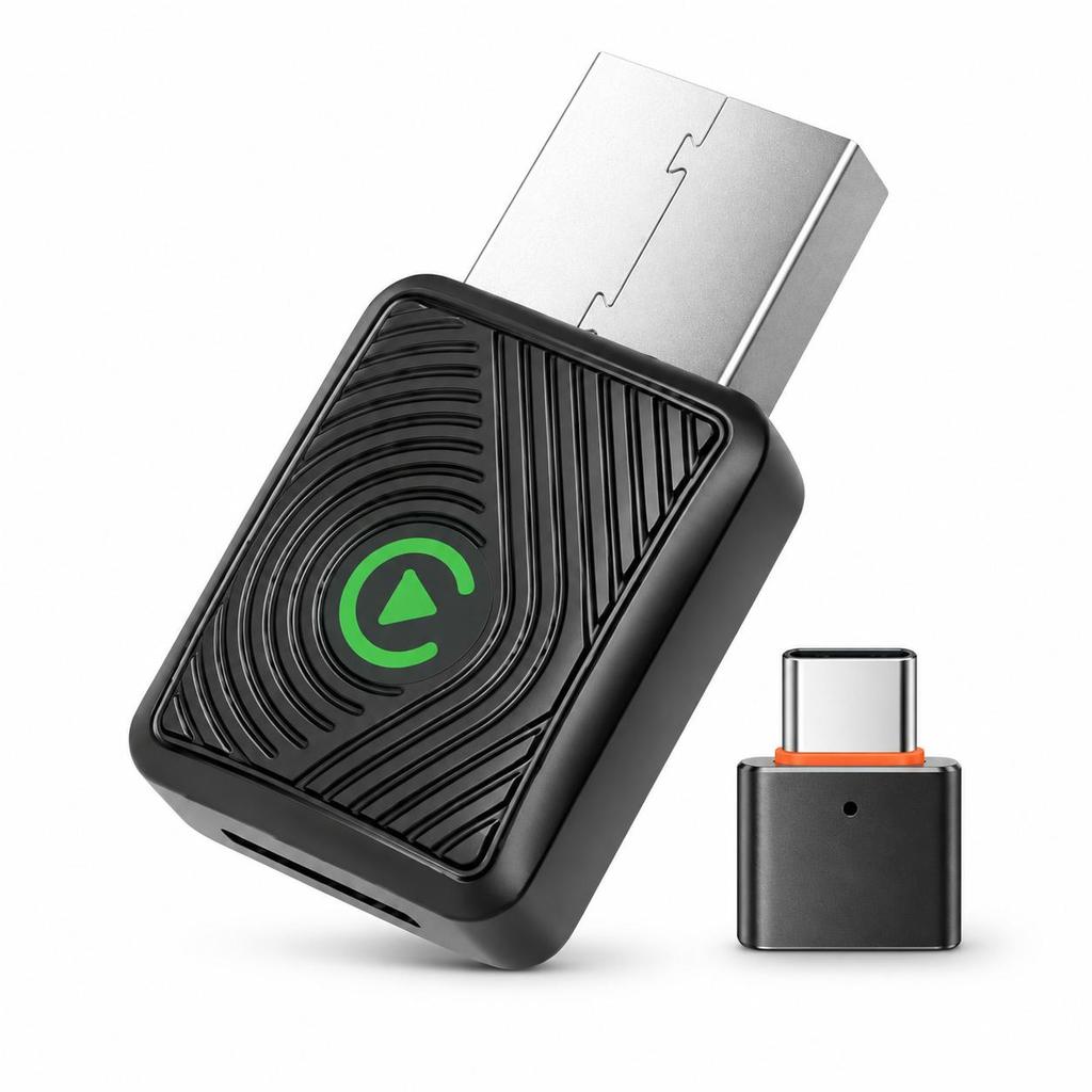 Mini Adaptador Sem Fio 2 em 1 para CarPlay e Android Auto. Ultra compacto (32mm) com LED verde.