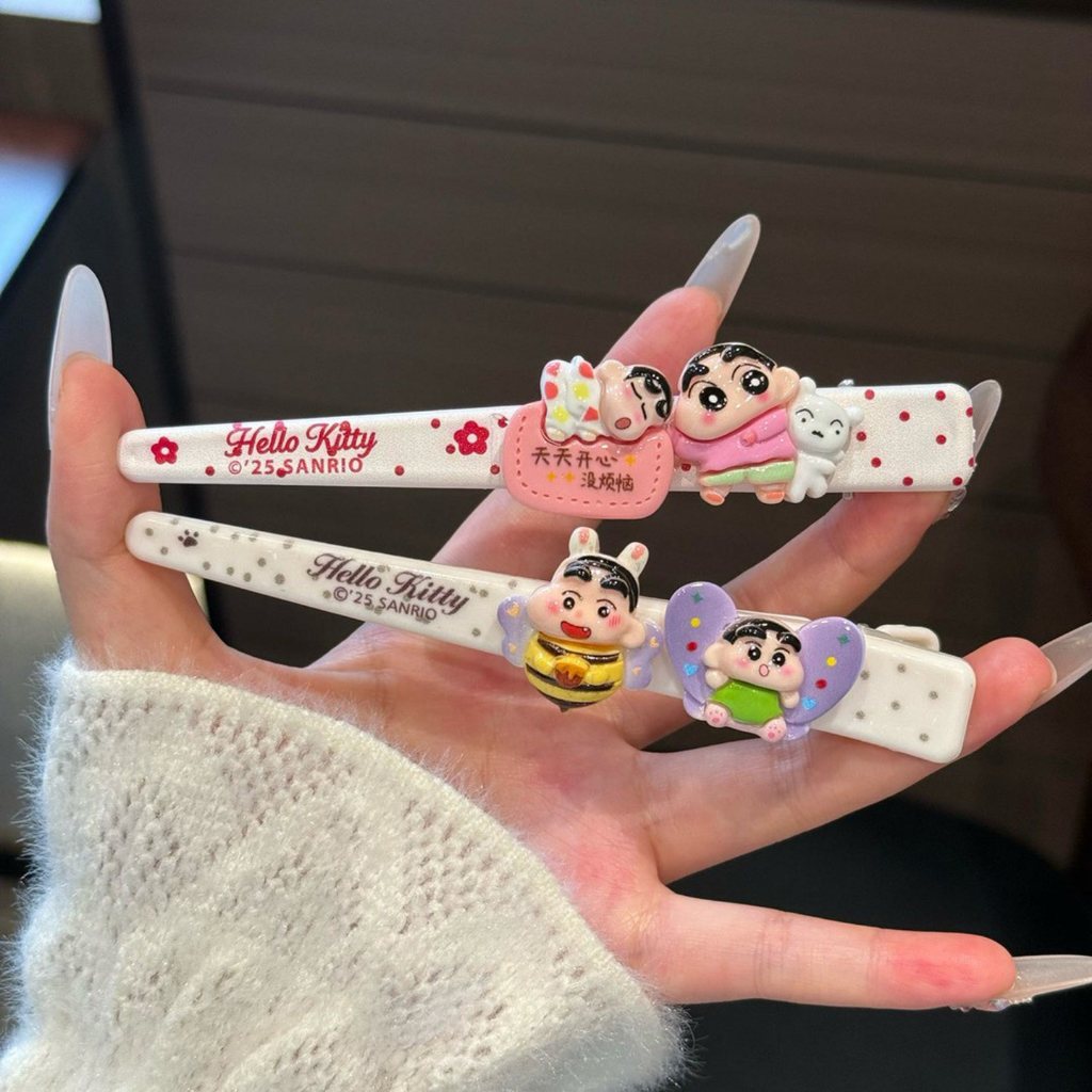Bonito lápis Shin-Chan grande clipe plano doce menina coração sem costura cabelo quebrado lado grampo de cabelo acessóri