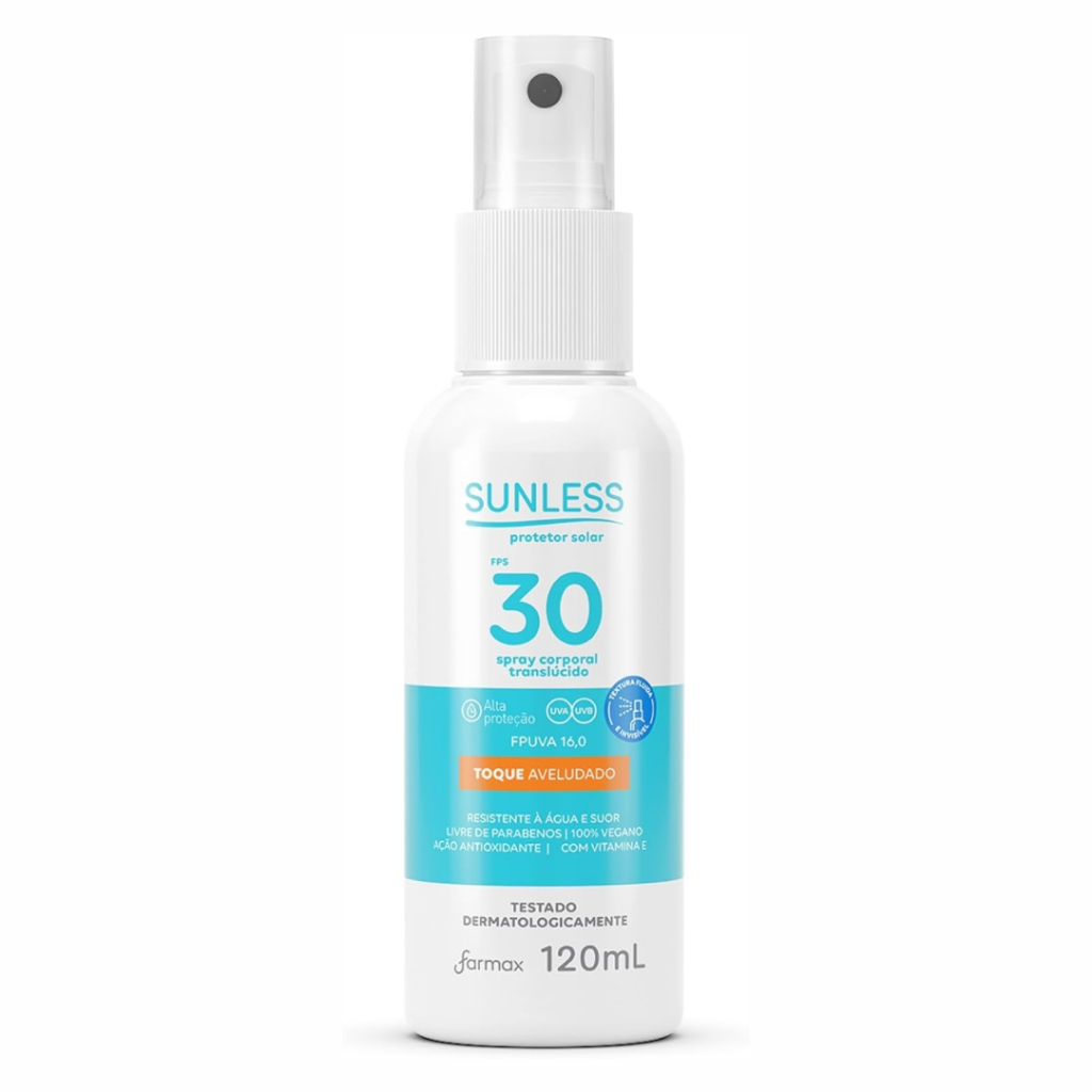 Protetor Solar Sunless FPS 30 Toque Aveludado Spray Corporal Translúcido 120ml
