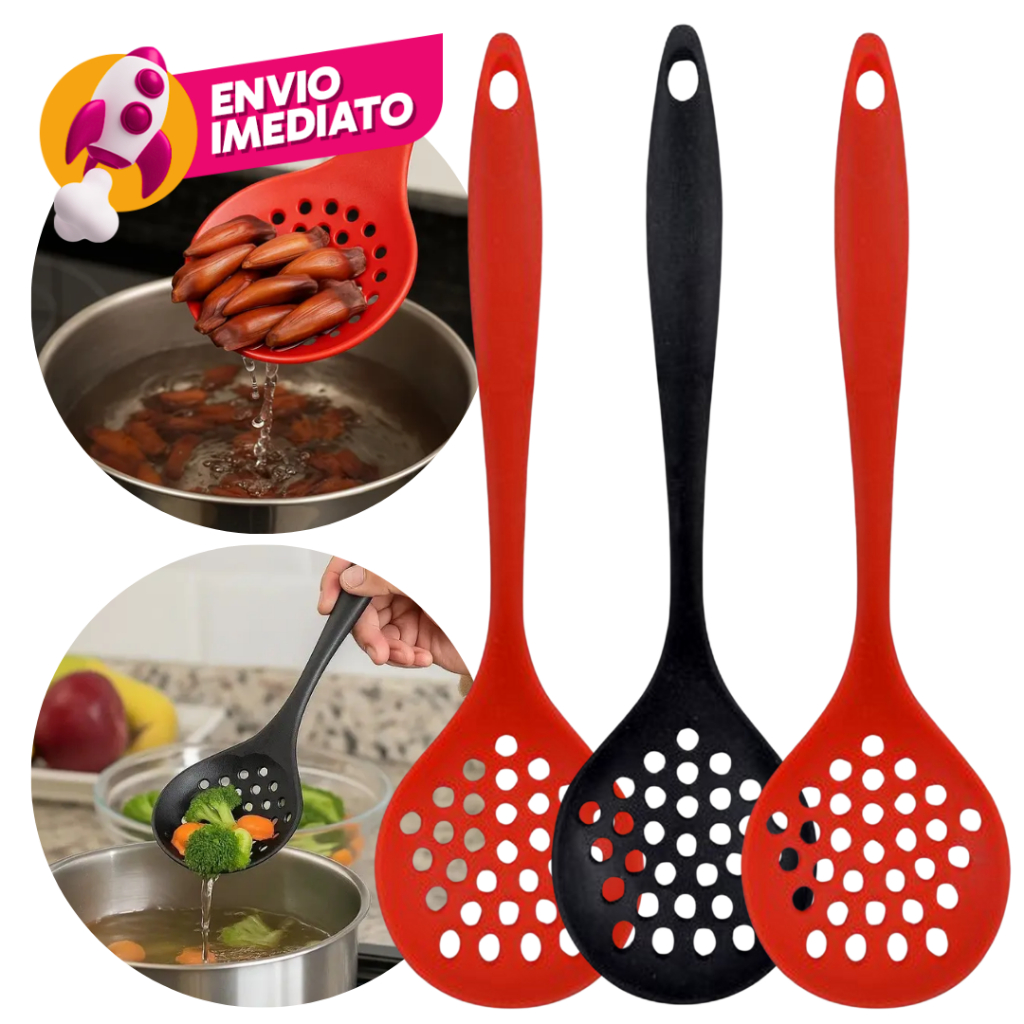 Escumadeira Universal Silicone Maciço Para Panelas Teflon Ceramico Fritura Arroz Kit Com 02/03/05Un.