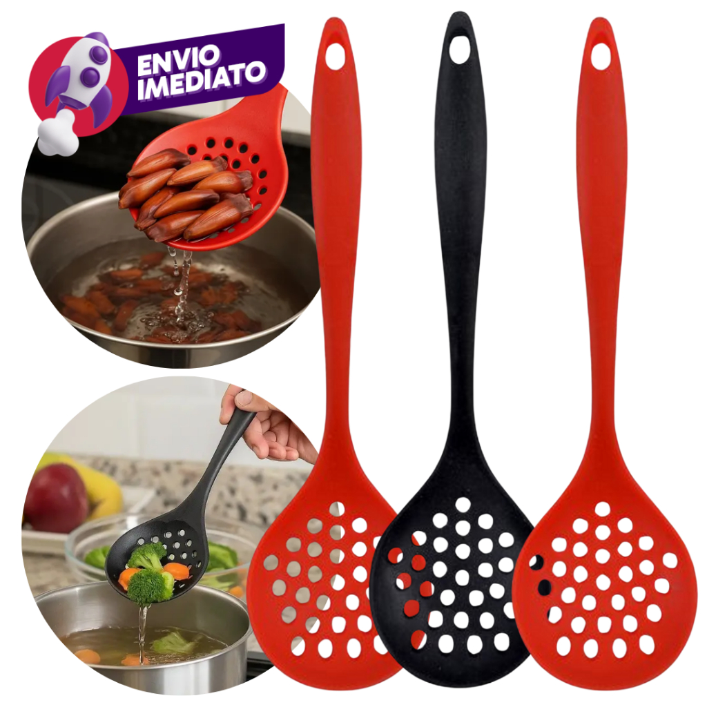 Escumadeira Universal Silicone Maciço Para Panelas Teflon Ceramico Fritura Arroz Kit Com 02/03/05Un.