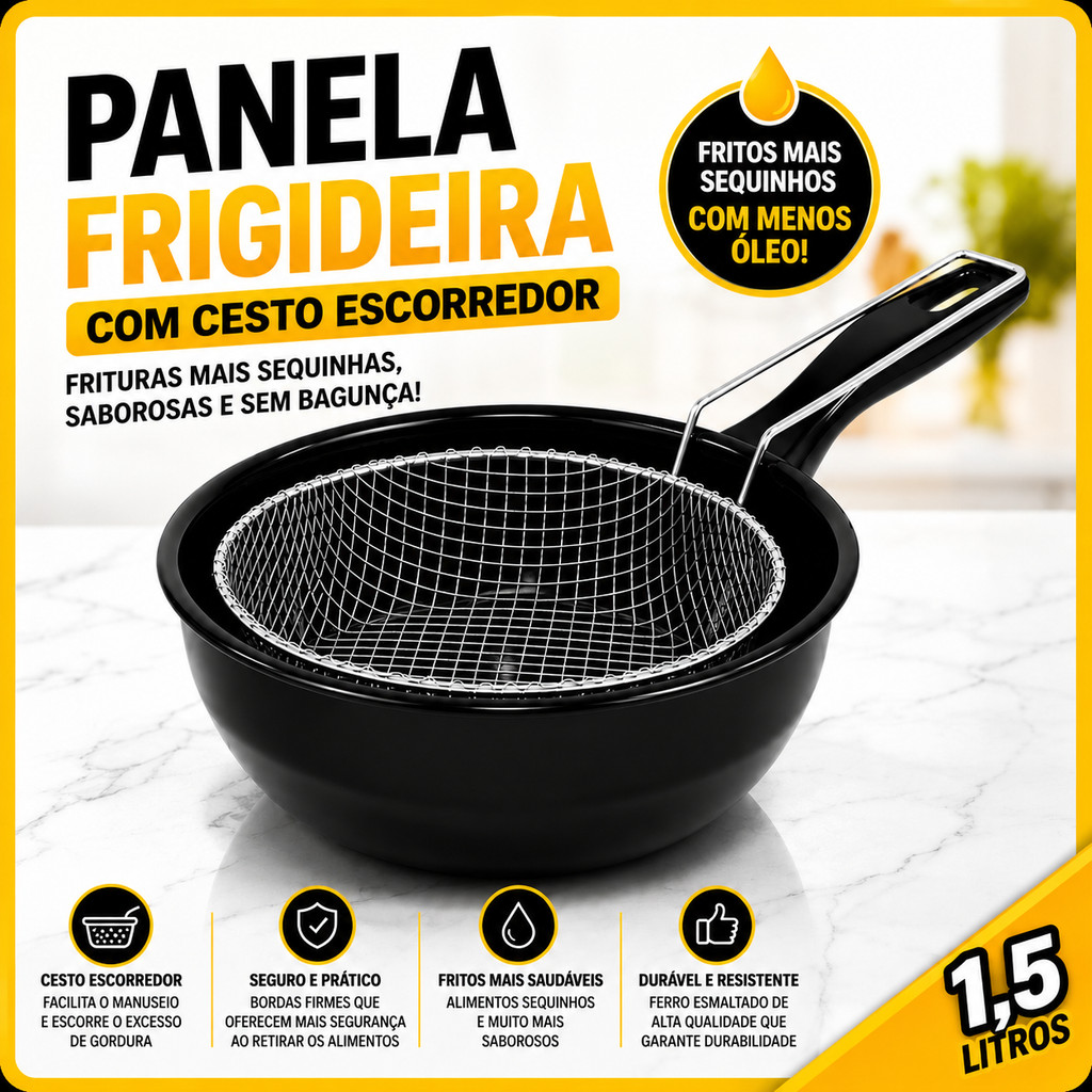Panela Frigideira Fritatudo 20cm 1,5L Com Cesto de Fritura Escorredor Esmaltada ROA