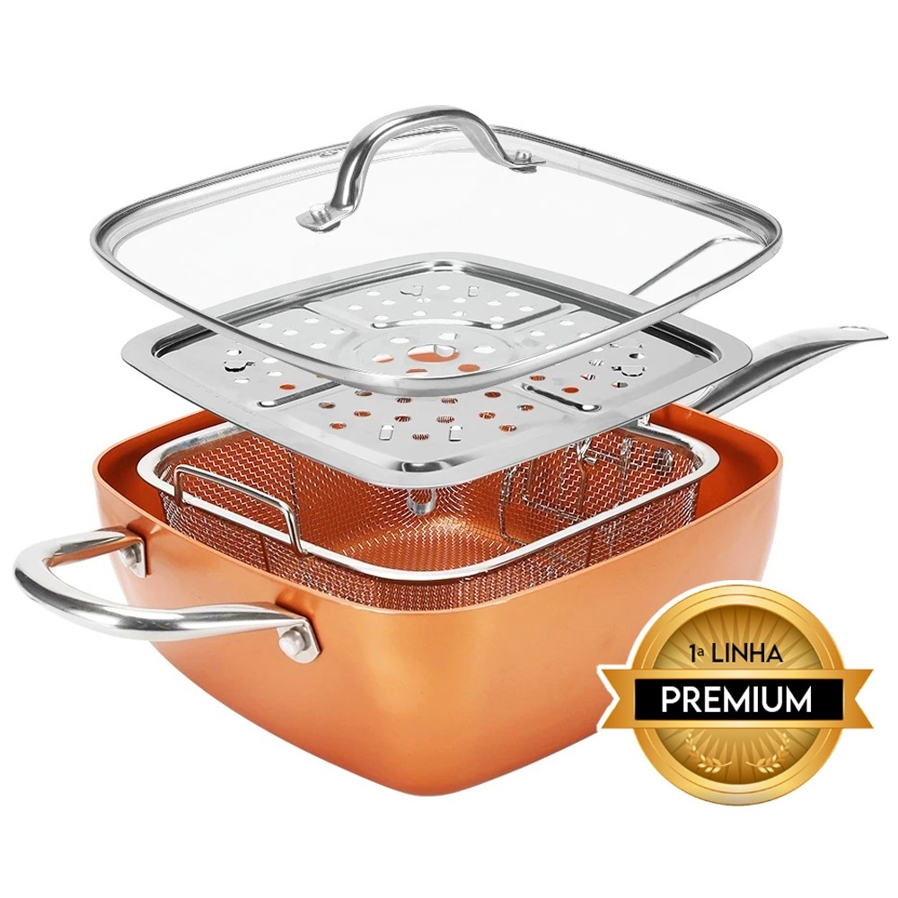 Panela Caçarola C/ Cesto de Fritura e Tampa de Vidro Fogão Indução Gás Elétrico PREMIUM