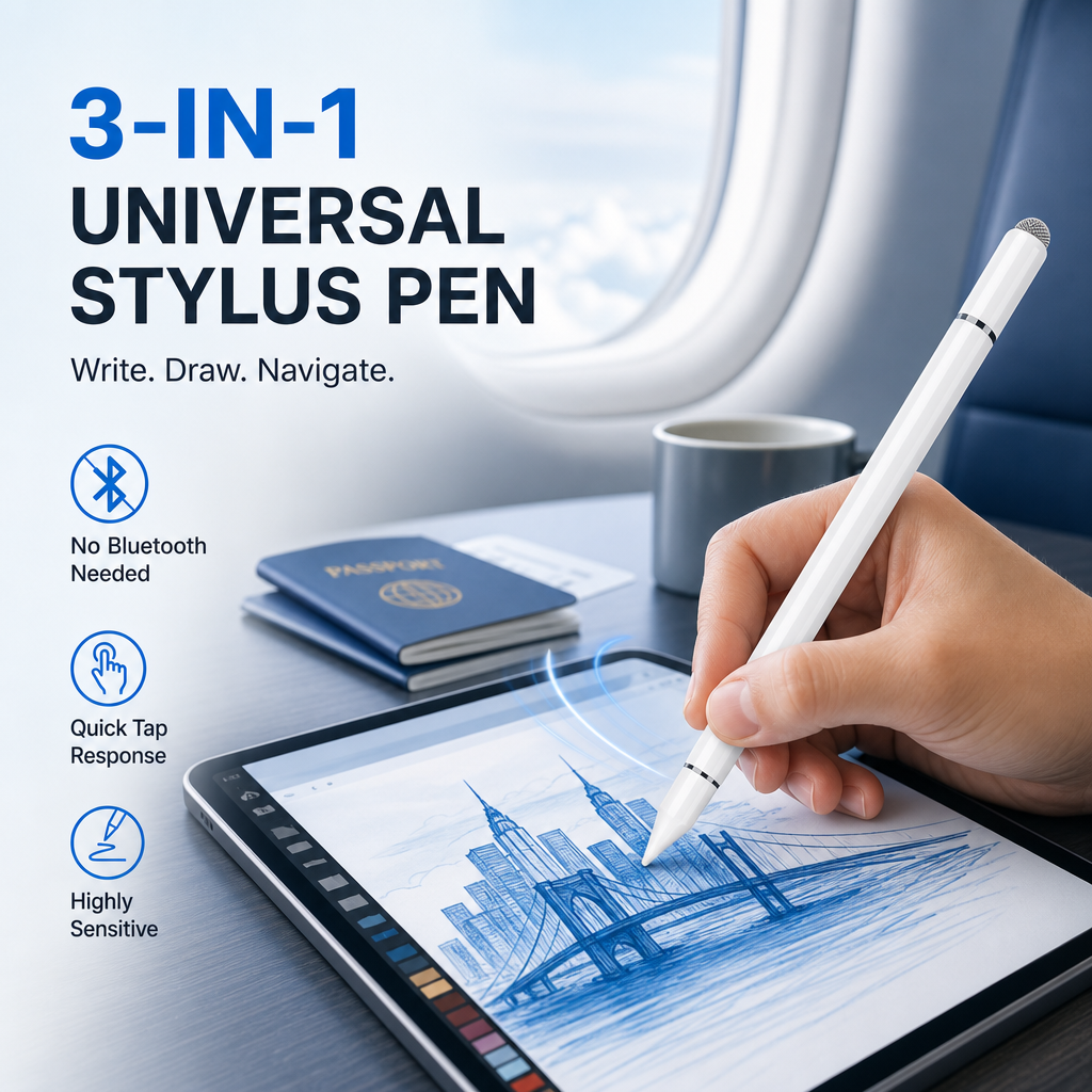 Caneta Stylus Universal Magnética 3 em 1 para Tela Touch Capacitiva Android iOS, iPhone, iPad, Celular, Tablet