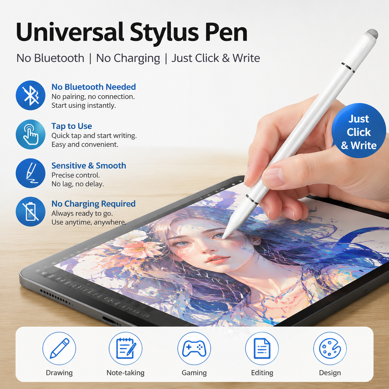 Caneta Stylus Universal 3 em 1 para iPhone, iPad, Android e Tablets Huawei, Lápis Capacitivo para Desenho em Tela Táctil