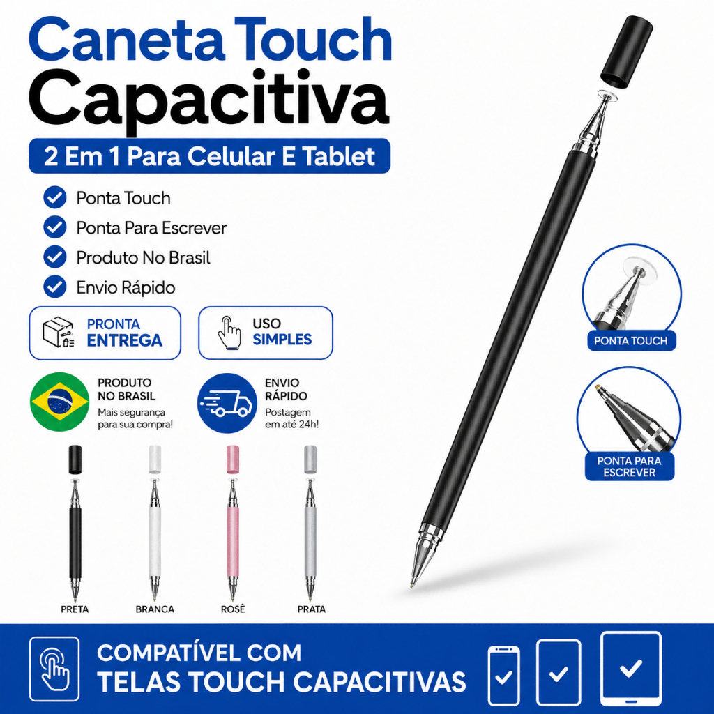 Caneta Touch Screen 2 Em 1 Para Celular Tablet iPad iPhone Tela Capacitiva