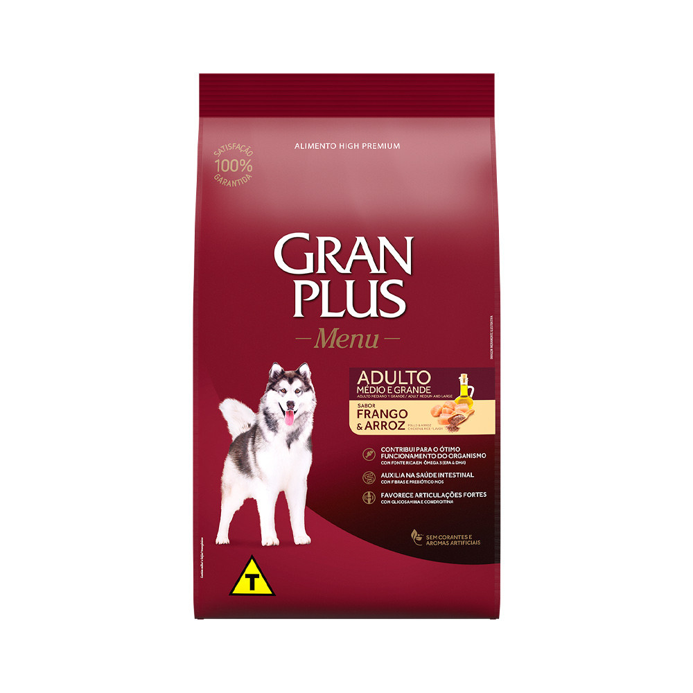 Ração GranPlus Menu Cão Adulto Frango Arroz raças médias e grandes sabor frango e arroz 15Kg