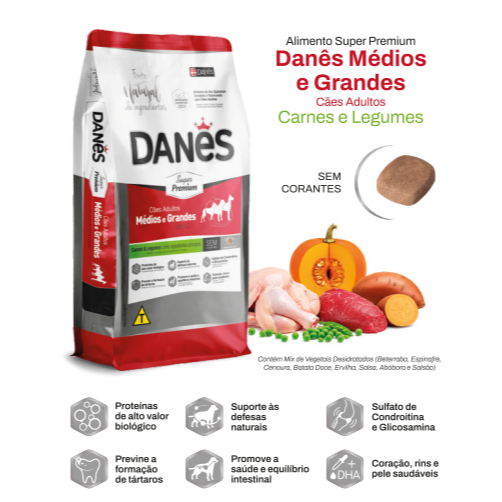 Ração Cães Super Premium Danes Medias e Grandes Carne Batata Doce e legumes 15kg