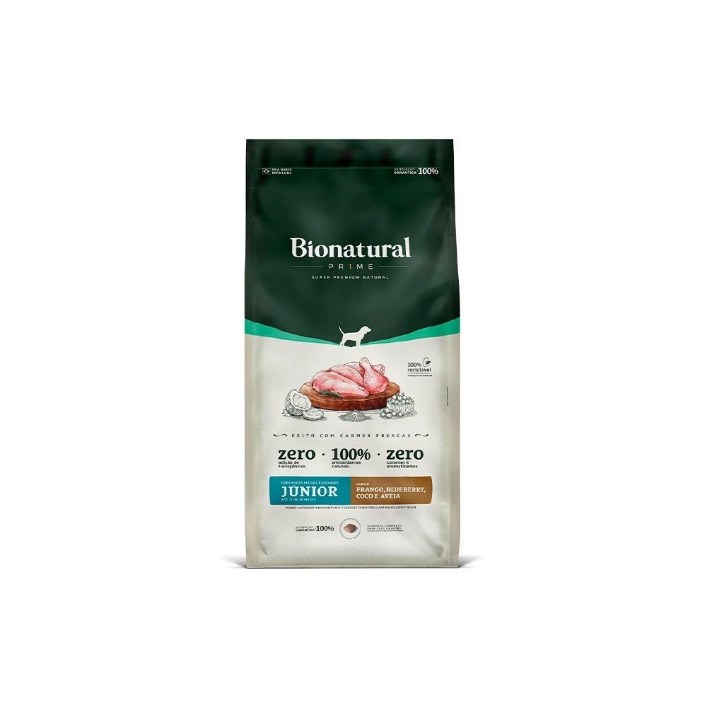 Ração Bionatural Prime 15Kg Cães Filhotes Raças Médias e Grandes Frango, Blueberry, Coco e Aveia
