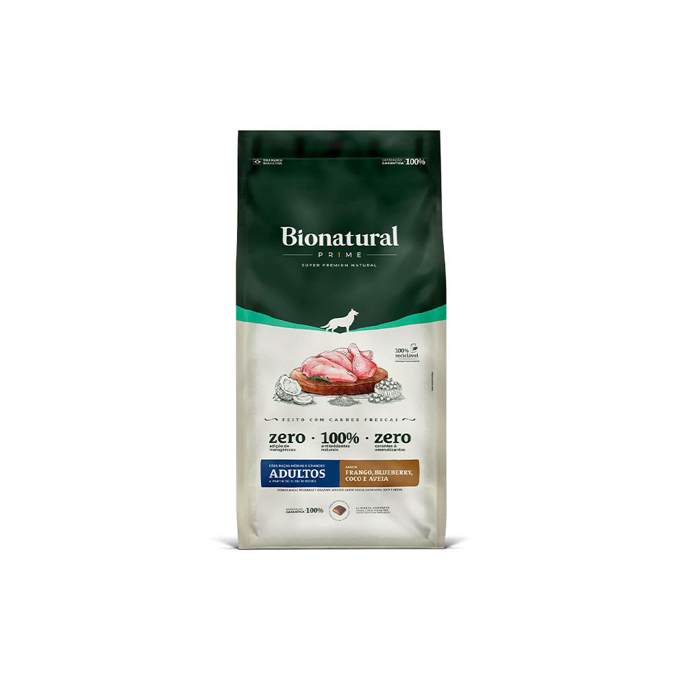 Ração Bionatural Prime 15Kg Cães Adultos Raças Médias e Grandes Frango, Blueberry, Coco e Chia