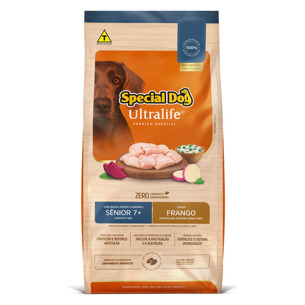 Ração Special Dog Ultralife Cães Sênior 7+ 15kg Raças Médias e Grandes Sabor Frango Batata-Doce, Beterraba, Ervilha e Ar