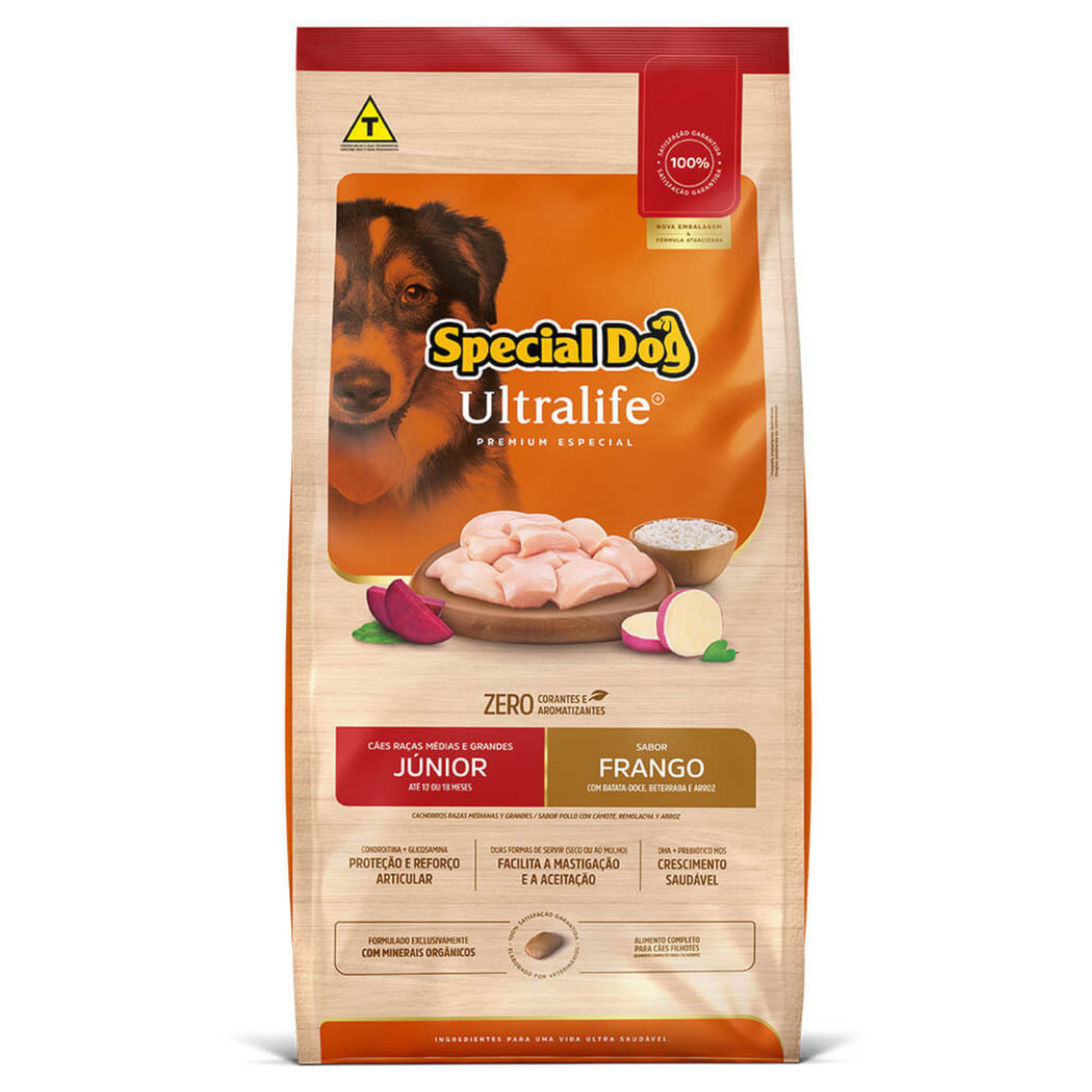 Ração Special Dog Ultralife Junior Cães Filhotes 15kg Raças Médias e Grandes Sabor Frango, Batata-Doce, Beterraba e Arro