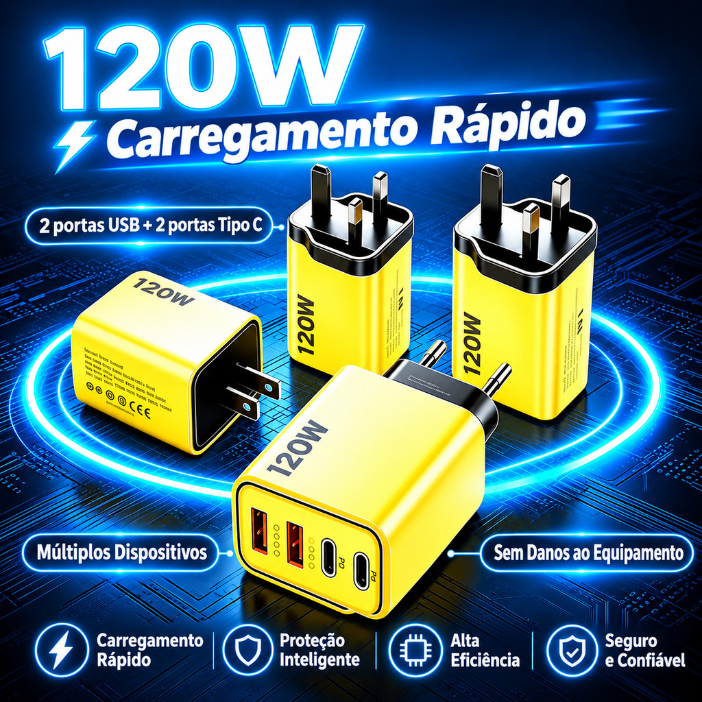 Kit Carregador 120W 4 Portas E Cabo Giratório 180° Super Fast Charge Para Iphone Huawei Xiaomi Android