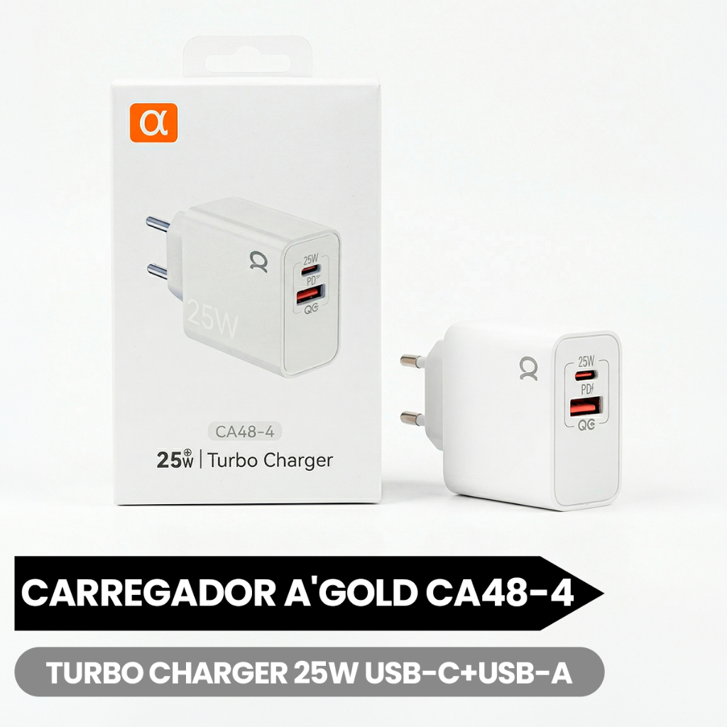 Carregador Turbo 25W USB-C + USB-A Bivolt Fast Charge Compatível Android iPhone Tipo C- CA48-4