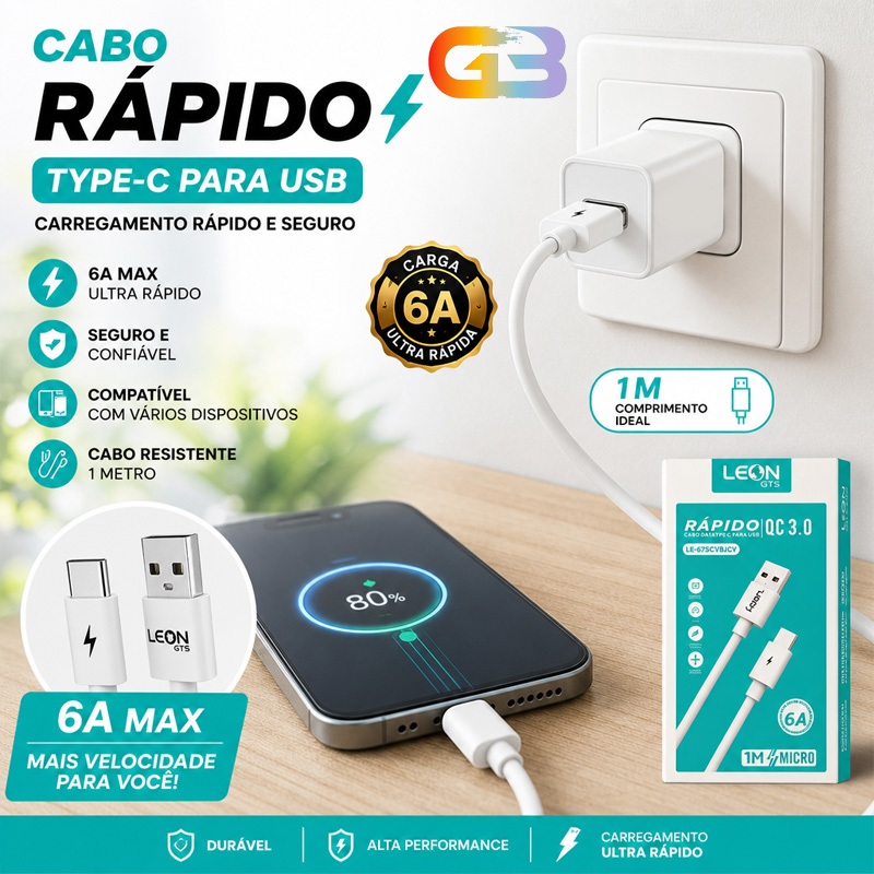 Cabo Carregador USB Tipo C 1M Turbo Fast Charging para Android e iPhone Tipo C Turbo LEON-5070