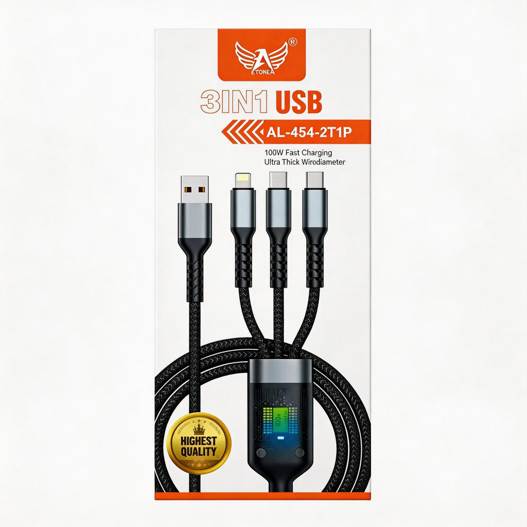 Cabo Carregador Universal 3 em 1 100W Fast Charging, Compatível com Android e iPhone, 2 Type-C + 1 Lightning AL-454-2T1P