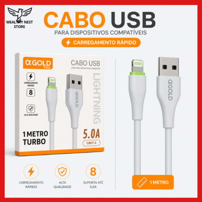 Cabo Carregador A'Gold USB Tipo-C e Lightning 1m 5.0A Turbo Fast Charge para Android e iPhone - Prático E Rápido