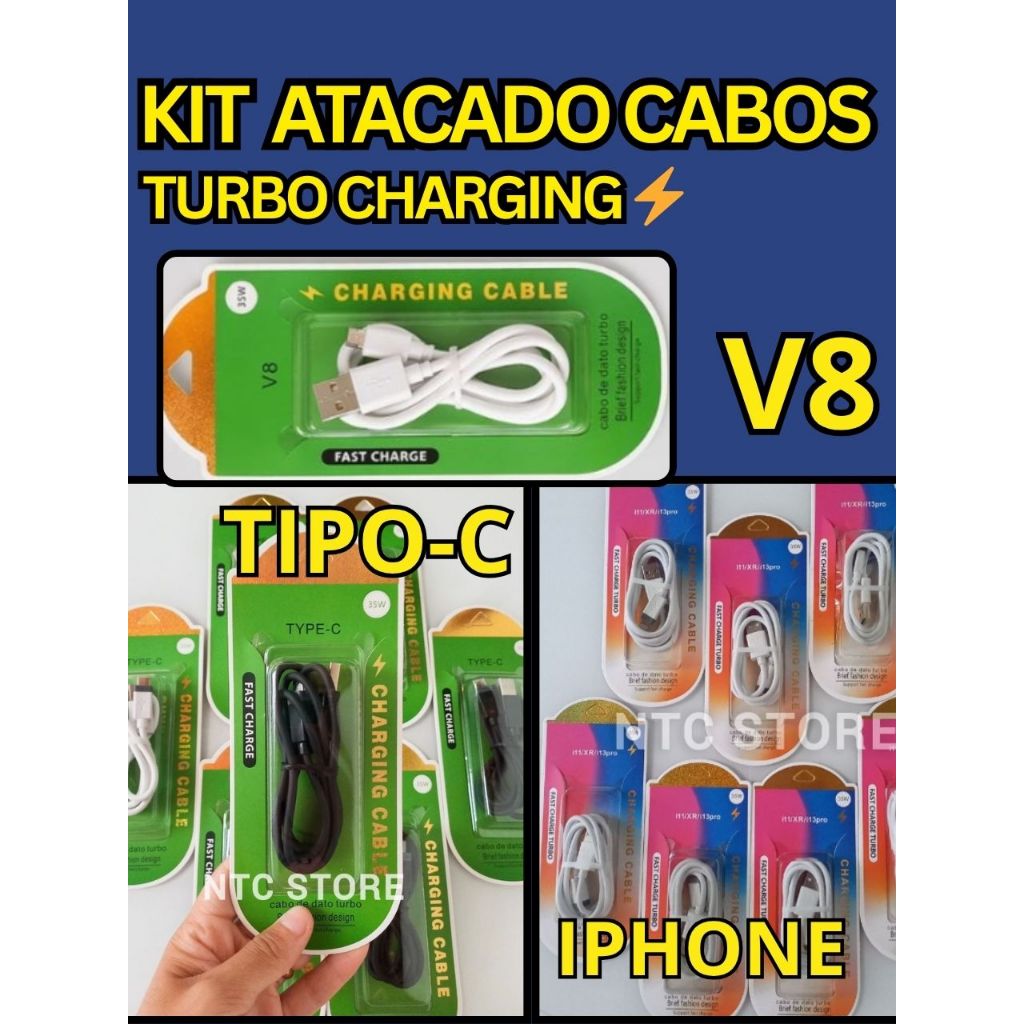 Cabos Compatíveis Para iPhone e Android Tipo-C V8 KIT PARA ATACADO Variado Carregamento Turbo