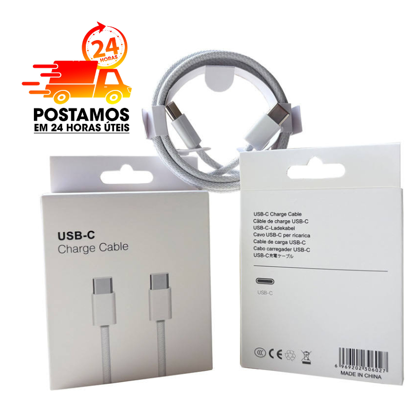 Cabo Tipo C 60W Fast Charge Compatível Android iPhone 15 Notebook