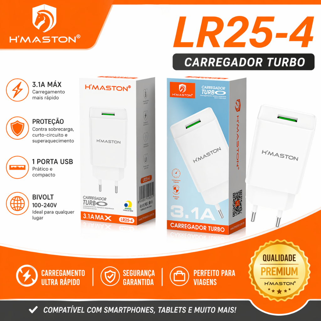 Carregador H’Maston LR25-4 Turbo 3.1A USB Original Bivolt Fast Charge para Celular Android iPhone Tablet
