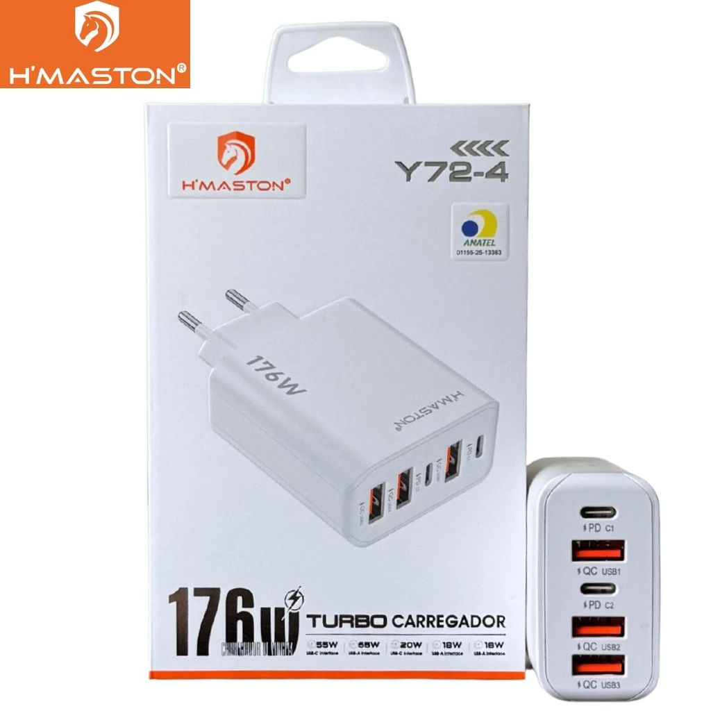 Fonte Carregador 176W H'Maston Fast Charge 5 Portas Hub USB-C Para Macbook iPhone Android